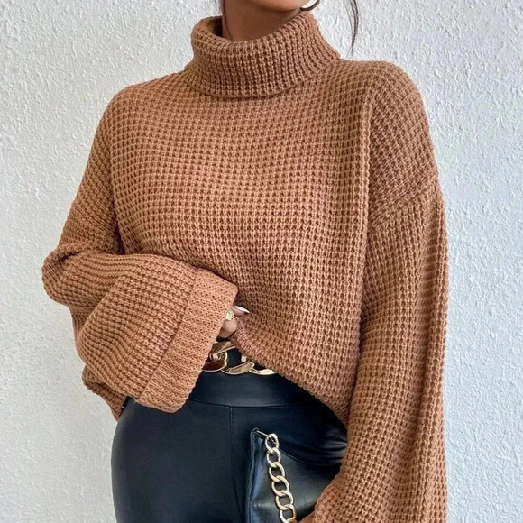 Camel Casual Women's Turtleneck Drop Shoulder Waffle Knit Sweater - Picture 1 of 6